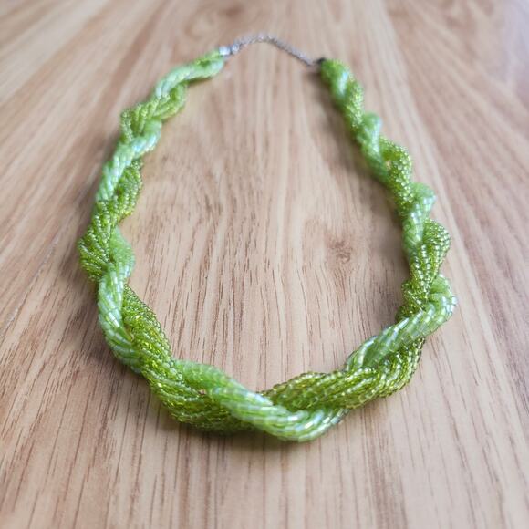 Lime Green Twisted Seed Bead Rope Necklace Braided Multi-Strand Lobster Clasp - Picture 3 of 8